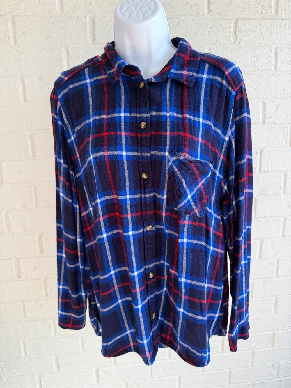 American Eagle Outfitters Boyfriend Fit Blue Red Plaid Button-Down Shirt   XL